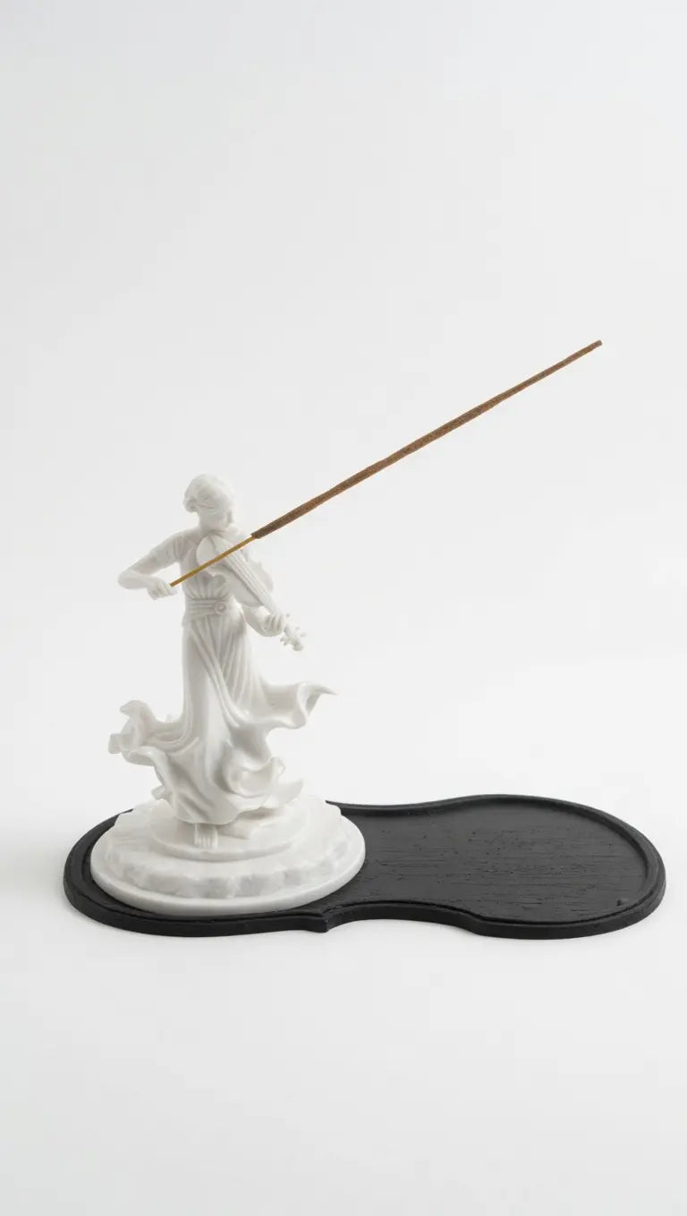 Handmade violinist ceramic incense holder for sticks on a black ash-catching base, by Objet Kiln