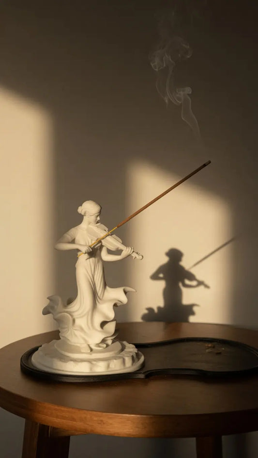 Violinist incense holder in use on a wooden desk, with a lit incense stick and rising smoke