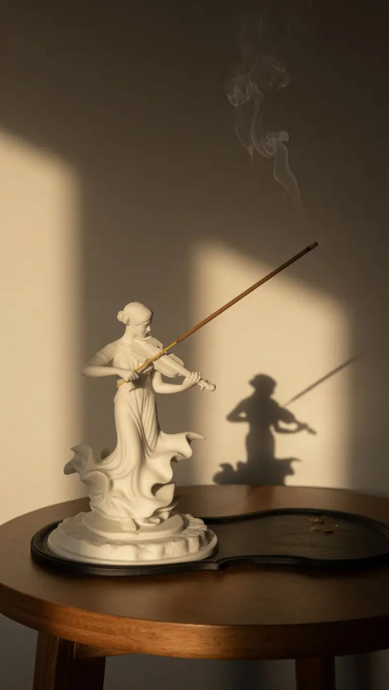 Violinist incense holder in use on a wooden desk, with a lit incense stick and rising smoke