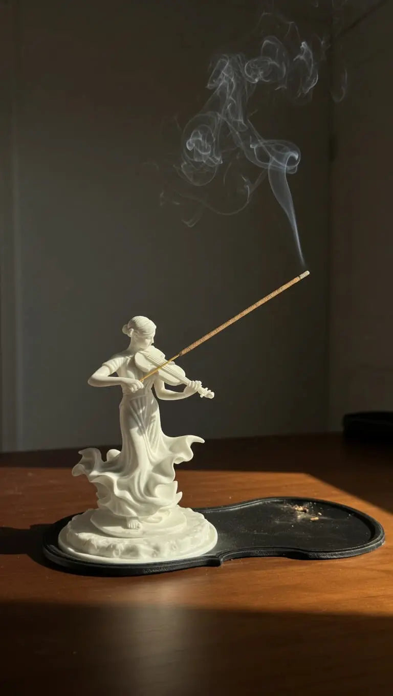 Sculptural creative incense holder of a violinist casting a shadow against a sunlit wall